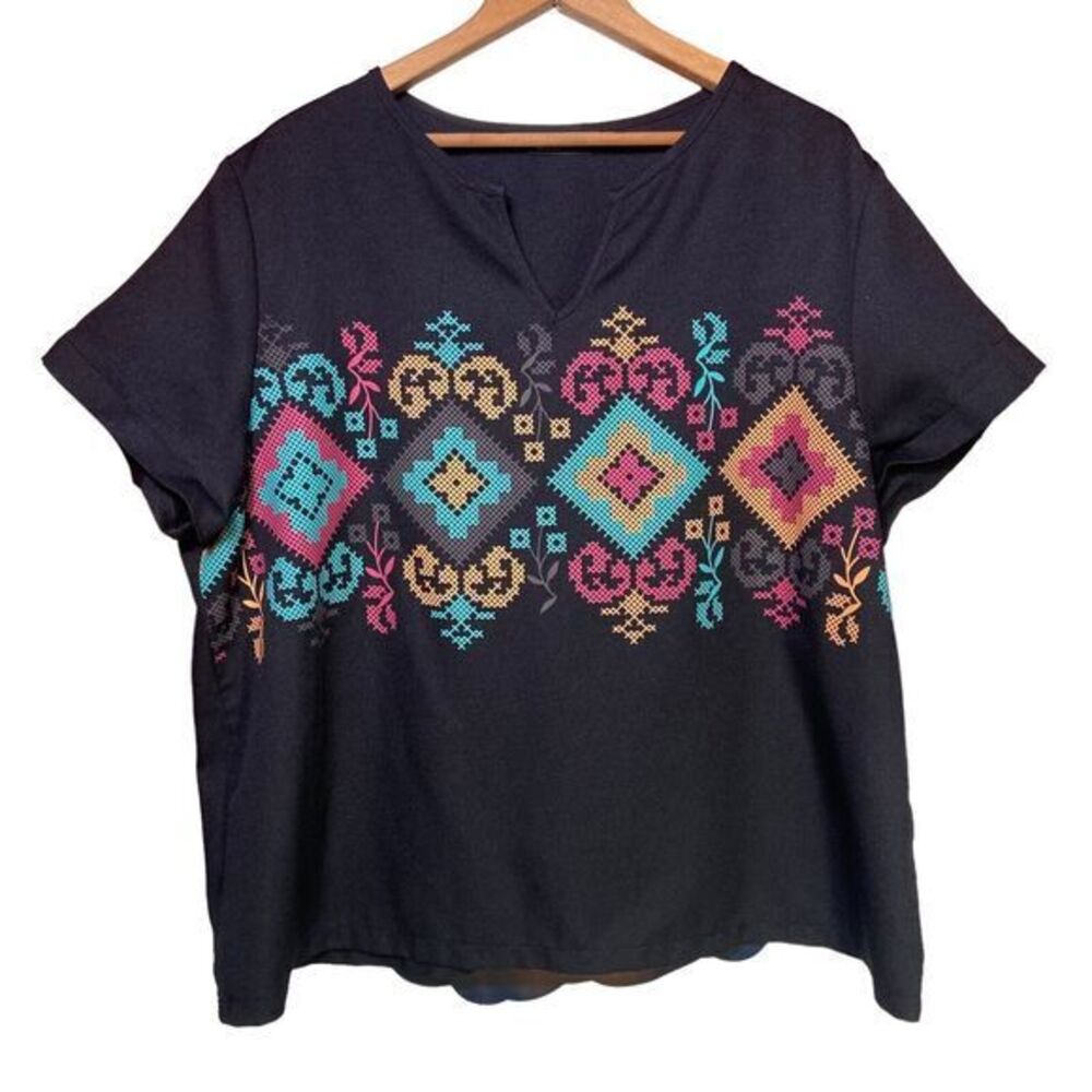 SHEIN CURVE Women Black Floral Print Short‎ Sleeve Blouse Top Plus Size 1XL